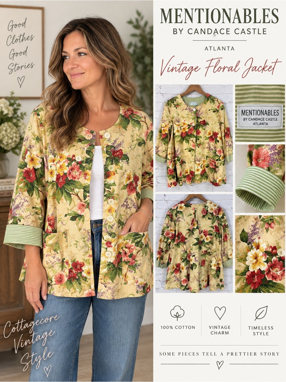 Mentionables by Candace Castle Floral Jacket Womens M Cottagecore Vintage Style